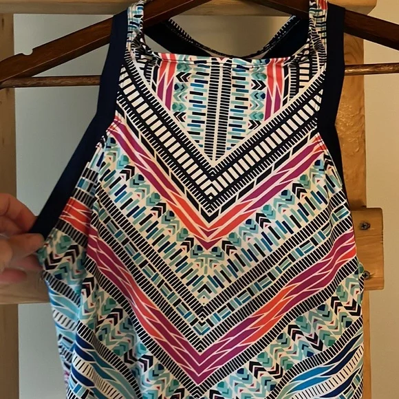 Women’s Geometric Aztec print Swim Tankini sz S built in shelf bra strappy back - Picture 5 of 6